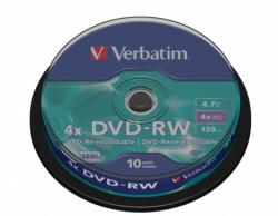 Verbatim DVD-RW lemez, újraírható, 4, 7GB, 4x, 10 db, hengeren, VERBATIM (DVDVU-4B10) (43552)