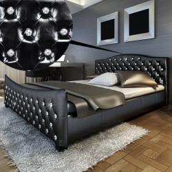 vidaXL Fényes műbőr ágy, akril kristály gombok, matrac 180x200cm