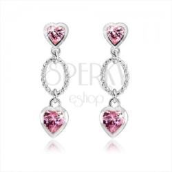 Ekszer Eshop 925 ezüst fülbevaló, két rózsaszín cirkóniás szív, díszített ovális