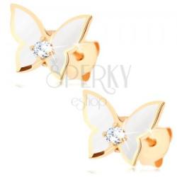 Ekszer Eshop 585 arany fülbevaló - kicsi pillangó, szárnyak fehér fénymázzal fedve, átlátszó cirkónia