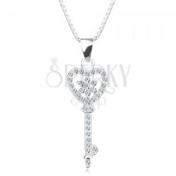 Ekszer Eshop 925 ezüst nyakék - lánc medállal, cirkóniás kulcs - szív, virág