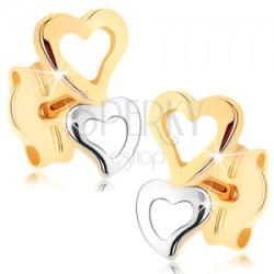 Ekszer Eshop 375 arany fülbevaló - két szív alakú kontúr kétszínű kivitelezésben