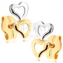 Ekszer Eshop Fülbevaló 375 aranyból - két szívkontúr, kétszínű kivitelezés
