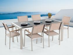 Beliani Grosseto kerti bútor szett - polírozott gránit asztallap 180cm és 6db textil szék