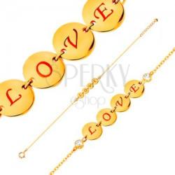 Ekszer Eshop 14K arany karkötő - négy fényes karika LOVE felirattal, cirkóniák, 185 mm