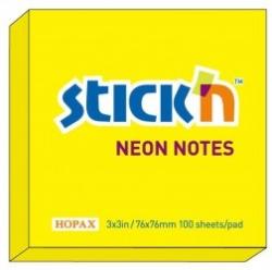 STICKN Notes autoadeziv 76 x 76 mm, 100 file, Stickn - galben neon (HO-21133)