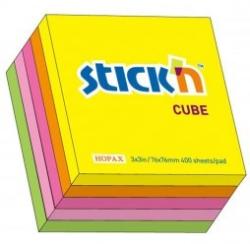 STICKN Cub notes autoadeziv 76 x 76 mm, 400 file, Stickn - 5 culori fluorescente (HO-21012)