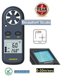  ProInstruments DIGITÁLIS SZÉLMÉRŐ BEAUFORT KÉZI SZÉLSEBESSÉG MÉRŐ és HŐMÉRŐ 0-30m/sec ANEMOMÉTER oszlopdiagramos 3év GARANCIA (S-DT-0110)