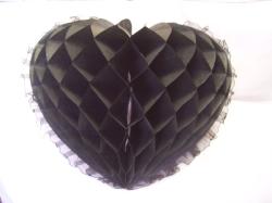  szív organza széllel, 30 cm, fekete (64833)