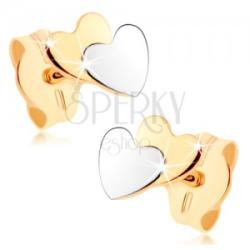Ekszer Eshop Kétszínű fülbevaló 9K aranyból - kicsi lapos szívecske, tükörfény