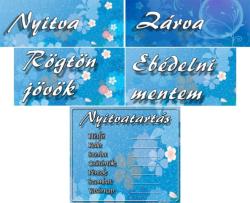 Kreatív nyitvatartásos táblák kék virágos háttérrel