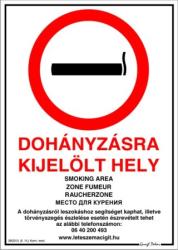 Dohányzásra kijelölt hely kormányrendelet alapján 5 nyelven tábla matrica