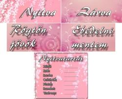 Kreatív nyitvatartásos táblák rózsaszín virágos háttérrel
