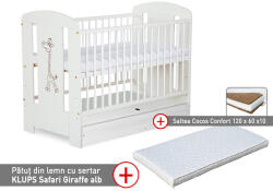 Klups Patut cu sertar KLUPS Safari Giraffe Alb + Saltea 10 MyKids
