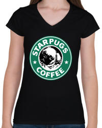 printfashion STARPUGS COFFEE - Női V-nyakú póló - Fekete (294606)