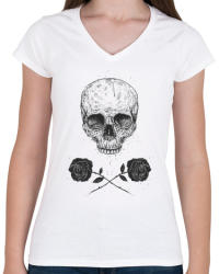 printfashion Skull N' Roses - Női V-nyakú póló - Fehér (230796)