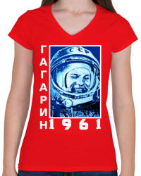 printfashion Gagarin 1961 Cirill - Női V-nyakú póló - Piros (315336)
