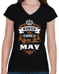 printfashion A királyok májusban születnek - Női V-nyakú póló - Fekete (209319)