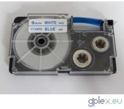 Casio XR-9WEB1 utángyártott feliratozószalag kazetta fehér alapon kék nyomtatás 9 mm * 8m