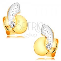 Ekszer Eshop Fülbevaló 14K aranyból - aszimmetrikus kétszínű ívek és csillogó átlátszó gyémánt