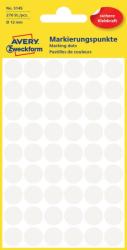  Avery Zweckform No. 3145 fehér színű, 12 mm átmérőjű, öntapadó jelölő címke (jelölő pötty, jelölő pont) permanens ragasztóval - kiszerelés: 270 címke / csomag, 5 ív / csomag