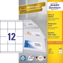 Avery Zweckform No. 3661 fehér színű 70 x 67, 7 mm méretű, univerzálisan nyomtatható, öntapadós etikett címke, permanens ragasztóval A4-es íven - kiszerelés: 1200 címke / 100 ív