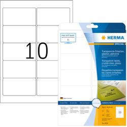 Herma No. 8018 víztiszta átlátszó 96 x 50, 8 mm méretű, lézernyomtatóval nyomtatható, fényes felületű öntapadós etikett címke, permanens ragasztóval A4-es íven - kiszerelés: 250 címke / 25 ív