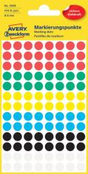 Avery Zweckform No. 3090 vegyes színű, 8 mm átmérőjű, öntapadó jelölő címke (jelölő pötty, jelölő pont) permanens ragasztóval - kiszerelés: 416 címke / csomag, 4 ív / csomag
