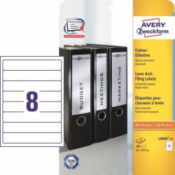 Avery Zweckform No. L6060-25 fehér színű 192 x 34 mm méretű, univerzálisan nyomtatható, öntapadós iratrendező címke, permanens ragasztóval A4-es íven - kiszerelés: 240 címke / 30 ív