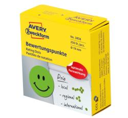  Avery Zweckform No. 3858 zöld színű, 19 mm átmérőjű, tekercses öntapadós motivációs matrica adagoló dobozban mosolygó arc piktogrammal - doboz tartalma: 1 tekercs, 250 darab címke