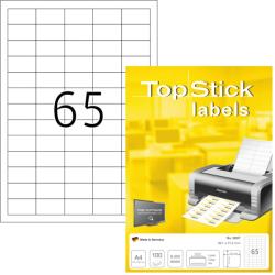  TopStick No. 8697 fehér színű 38, 1 x 21, 2 mm méretű, univerzálisan nyomtatható, öntapadós etikett címke, permanens ragasztóval A4-es íven - kiszerelés: 6500 címke / 100 ív