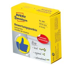  Avery Zweckform No. 3861 sárga színű, 19 mm átmérőjű, tekercses öntapadós motivációs matrica adagoló dobozban kék színű lájk piktogrammal - doboz tartalma: 1 tekercs, 250 darab címke