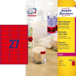 Avery Zweckform No. L6003-25 lézeres 63, 5 x 29, 6 mm méretű visszaszedhető, neon piros öntapadó etikett címke A4-es íven - 675 címke / csomag - 25 ív / csomag (Avery L6003-25)