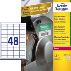 Avery-Zweckform No. L7911-40 fehér színű 45, 7 x 21, 2 mm méretű, lézernyomtatóval nyomtatható, ultra ellenálló öntapadós etikett címke, erős, tartós ragasztóval A4-es íven - kiszerelés: 1920 címke / 40 ív