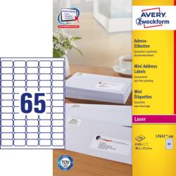 Avery Zweckform No. L7651-100 fehér színű 38, 1 x 21, 2 mm méretű, lézernyomtatóval nyomtatható, öntapadós etikett címke, permanens ragasztóval A4-es íven - kiszerelés: 6500 címke / 100 ív