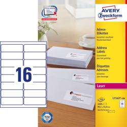  Avery Zweckform No. L7162-100 fehér színű 99, 1 x 33, 9 mm méretű, lézernyomtatóval nyomtatható, öntapadós etikett címke, permanens ragasztóval A4-es íven - kiszerelés: 1600 címke / 100 ív