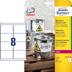 Avery-Zweckform No. L4715-20 fehér színű 99, 1 x 67, 7 mm méretű, lézernyomtatóval nyomtatható, öntapadós időjárásálló etikett címke, erős, tartós ragasztóval A4-es íven - kiszerelés: 160 címke / 20 ív