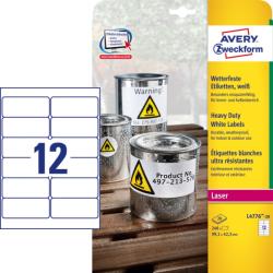 Avery-Zweckform No. L4776-20 fehér színű 99, 1 x 42, 3 mm méretű, lézernyomtatóval nyomtatható, öntapadós időjárásálló etikett címke, erős, tartós ragasztóval A4-es íven - kiszerelés: 240 címke / 20 ív