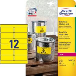Avery-Zweckform No. L6107-20 sárga színű 99, 1 x 42, 3 mm méretű, lézernyomtatóval nyomtatható, öntapadós időjárásálló etikett címke, erős, tartós ragasztóval A4-es íven - kiszerelés: 240 címke / 20 ív