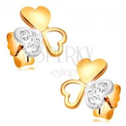 Ekszer Eshop 14K kombinált arany fülbevaló - fénylő lóhere, szívecske levelekből