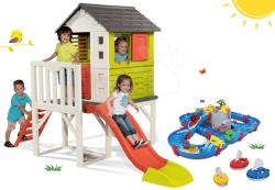 Smoby Set căsuţă pe piloni Pilings House Smoby cu tobogan de 1, 5 m și pistă de apă AquaPlay Mountain Lake cu bârlog și 3 bărci de la 24 de luni (SM810800-18)