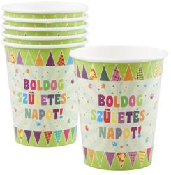Pohár, papír, 2, 5 dl, "Boldog születésnapot/Zászlós" (6db/csom) (PTFUN046)