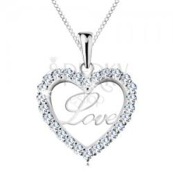 Ekszer Eshop 925 ezüst nyaklánc, vékony lánc, csillogó kontúr szív, Love felirat