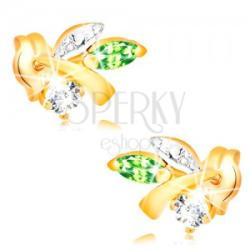Ekszer Eshop 585 arany fülbevaló - ág levelekkel, zöld smaragd, átlátszó gyémánt
