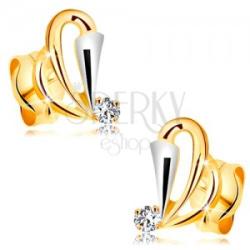 Ekszer Eshop 585 arany fülbevaló átlátszó gyémánttal - könnycseppek körvonalai, szélesedő sáv fehér aranyból
