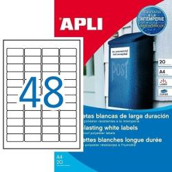 APLI No. 12112 fehér színű 45, 7 x 21, 2 mm méretű, lézernyomtatóval nyomtatható, öntapadós időjárásálló etikett címke, erős, tartós ragasztóval A4-es íven - kiszerelés: 960 címke / 20 ív (LCA12112)