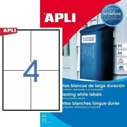 APLI No. 01227 fehér színű 105 x 148 mm méretű, lézernyomtatóval nyomtatható, öntapadós időjárásálló etikett címke, erős, tartós ragasztóval A4-es íven - kiszerelés: 80 címke / 20 ív (LCA1227)
