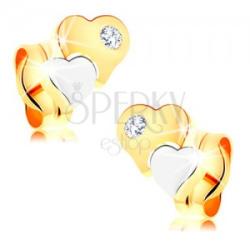 Ekszer Eshop Fülbevaló 14K aranyból - kétszínű fényes szívek átlátszó gyémánttal