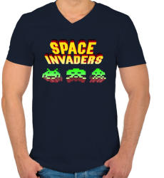 printfashion Space Invaders - Férfi V-nyakú póló - Sötétkék (936101)