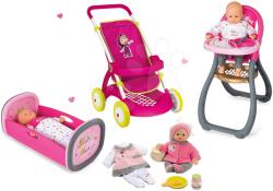 Smoby Baby Nurse- Cărucior sport pentru păpuşă, scaun de masă şi leagăn şi păpuşă cu hăinuţe (254033-1)